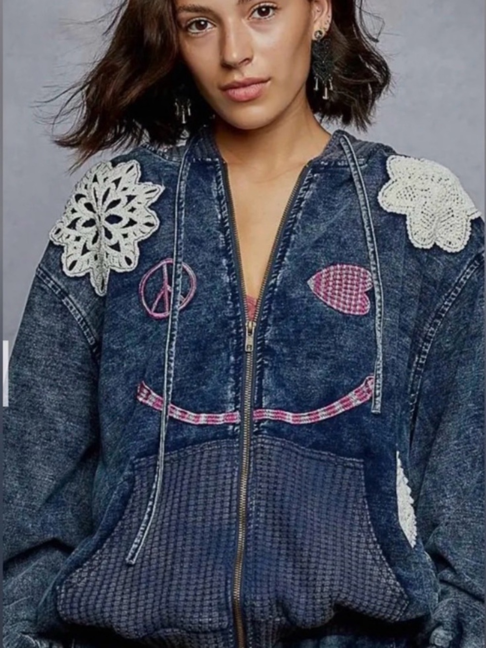 POL Dark Blue Denim Patchwork Zip Hoodie Crocheted Accents and matching pants!!